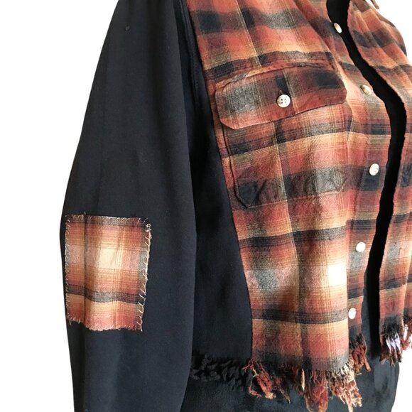 Cropped Plaid Shirt, Size Small: Black Brown Sweatshirt Jacket, Upcycled Grunge - Picture 4 of 10